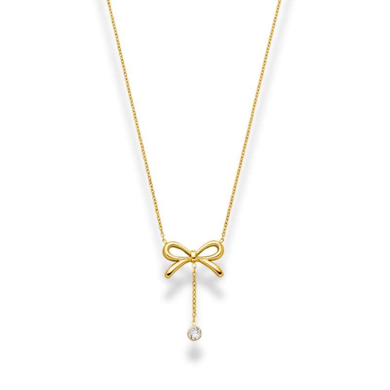 Dangle Crystal Ribbon Necklace 14K Gold Plated