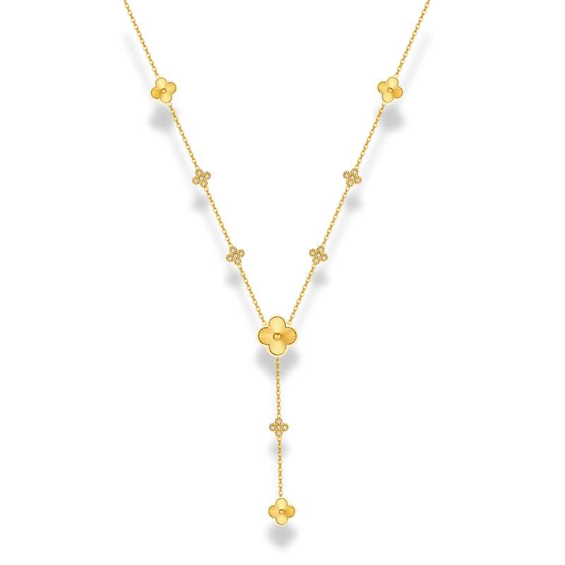 Golden Lucky Leaf Pave Flower Y Necklace 14K Gold Plated