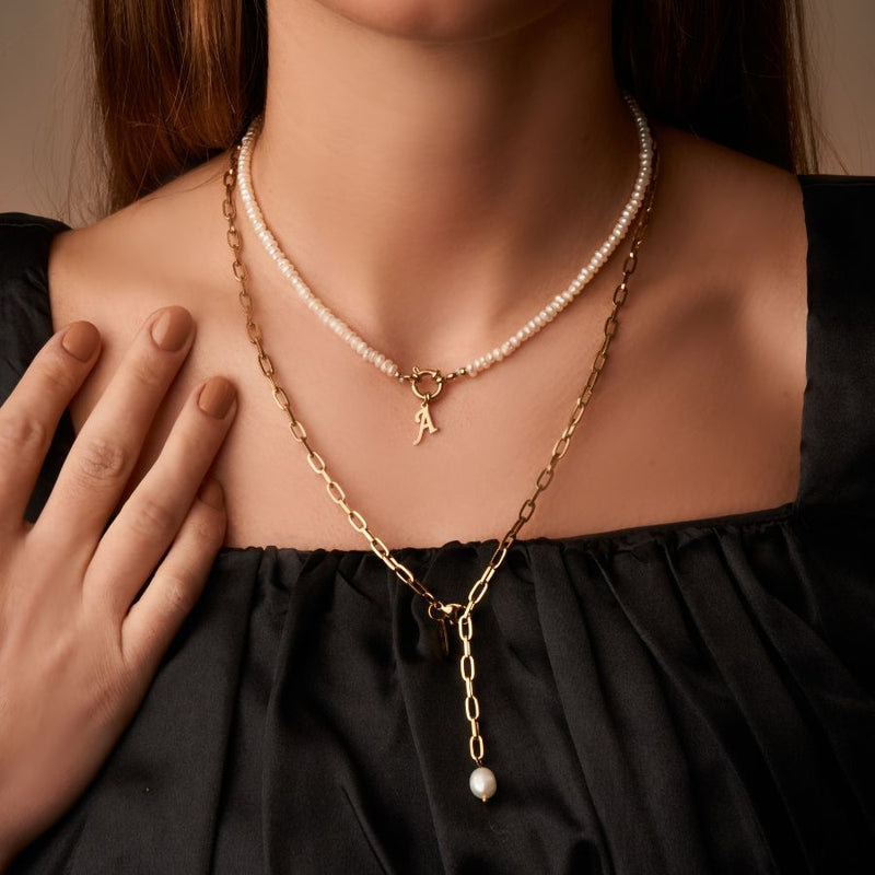 Initial Pearl Necklace 14K Gold Plated