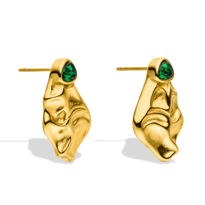 Meltdown Emerald Stud Earrings 14K Gold Plated