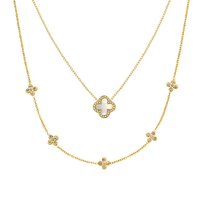 Pave Lucky Leaf Chain Set 14K Gold Plated