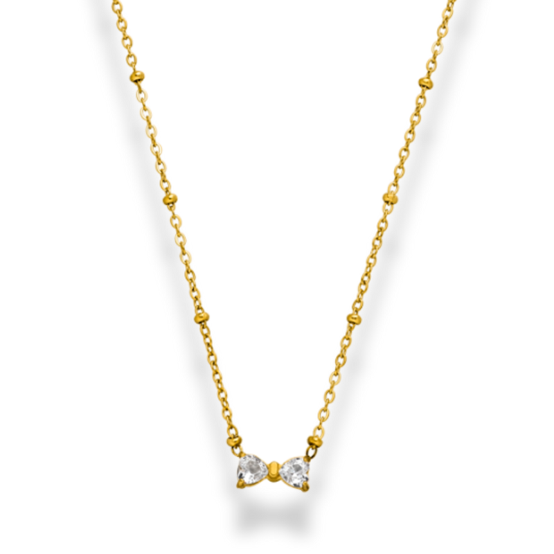 Pave Heart Ribbon Necklace 14K Gold Plated