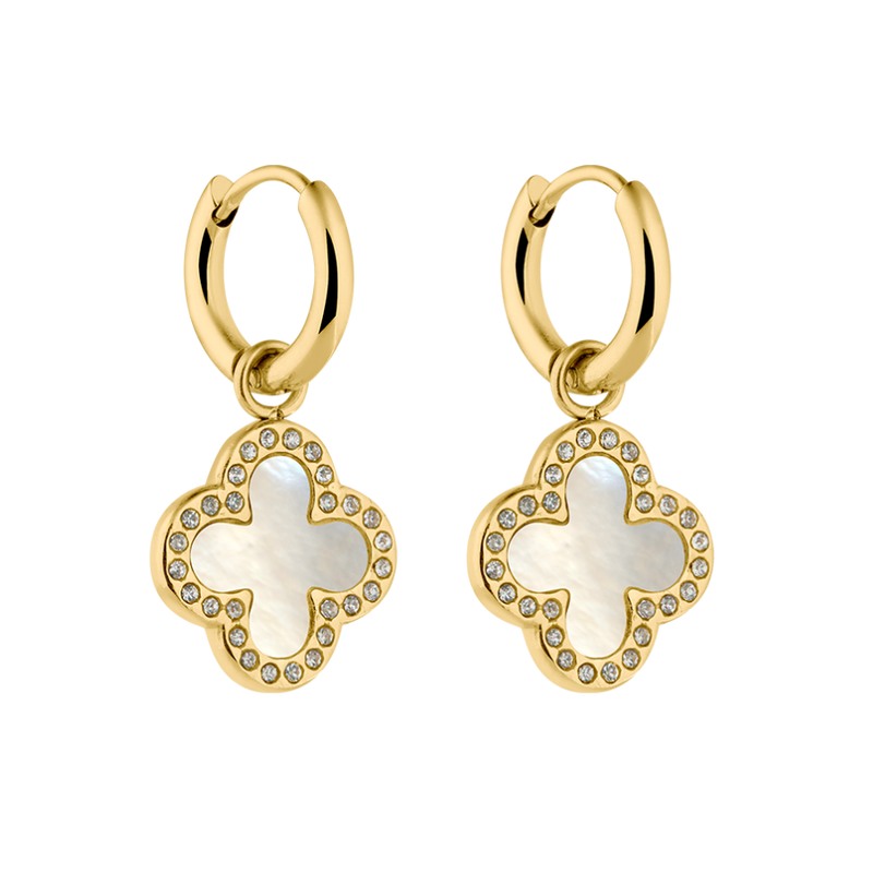 Pave Mother of Pearl Lucky Leaf Earrings 
