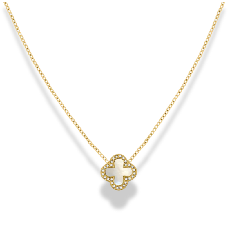 Pave Mother of Pearl Lucky Leaf Necklace 14K Gold Plated