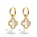 Pave Mother of Pearl Lucky Leaf Earrings 14K Gold Plated 