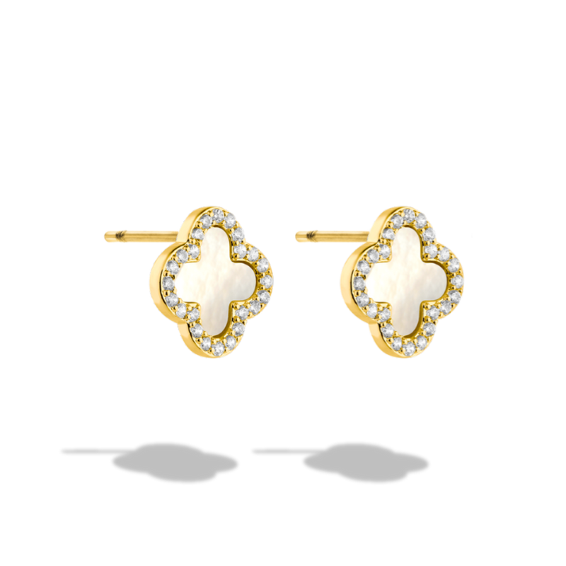 Pave Mother of Pearl Lucky Leaf Stud Earrings 14K Gold Plated