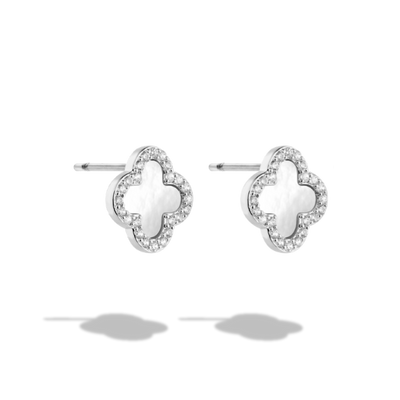 Pave Mother of Pearl Lucky Leaf Stud Earrings 14K Gold Plated