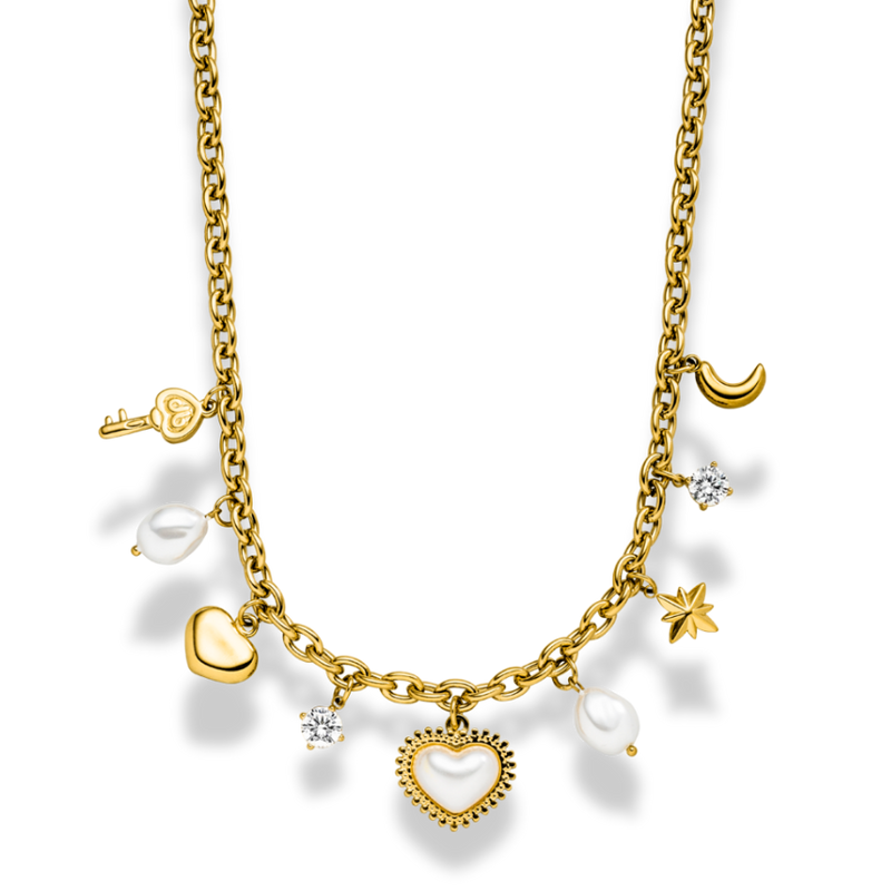 Pearl Elegance Charm Necklace 14K Gold Plated 