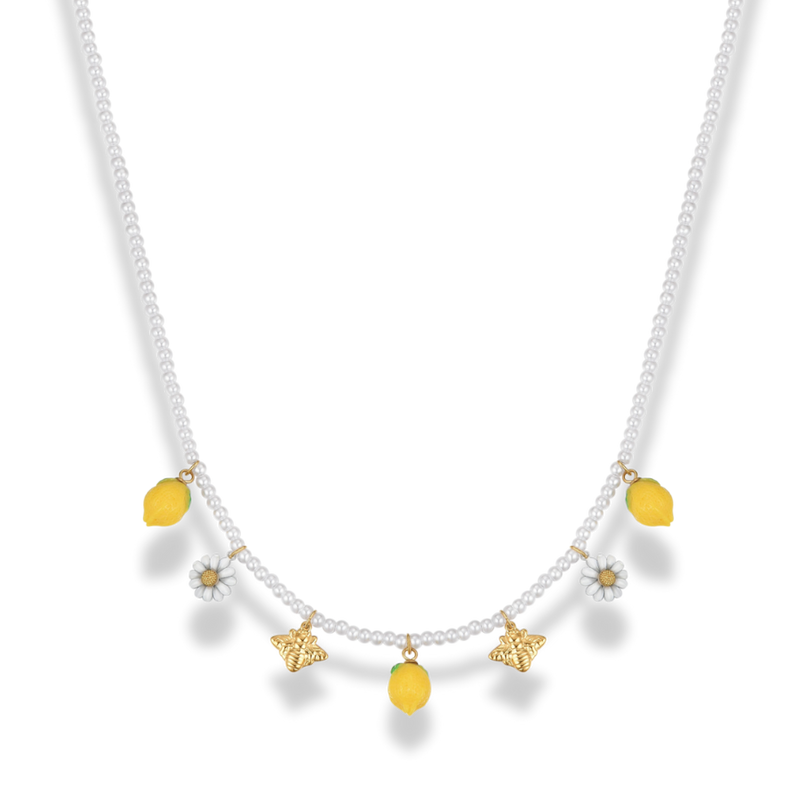 Pearl Lemon &amp; Bee Necklace 18K Gold Plated