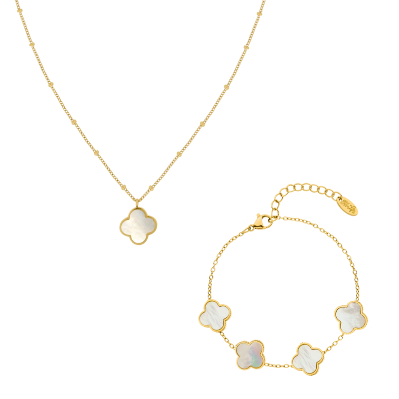 Mother of Pearl Lucky Leaf Set 14K Gold Plated