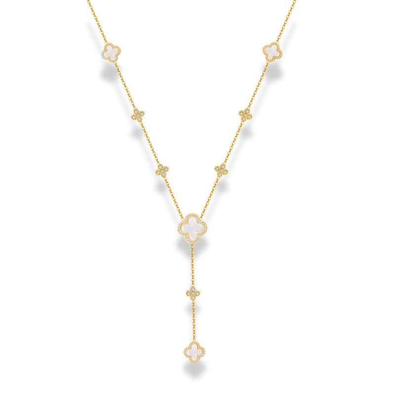 Mother of Pearl Lucky Leaf Pave Flower Y Necklace 14K Gold Plated