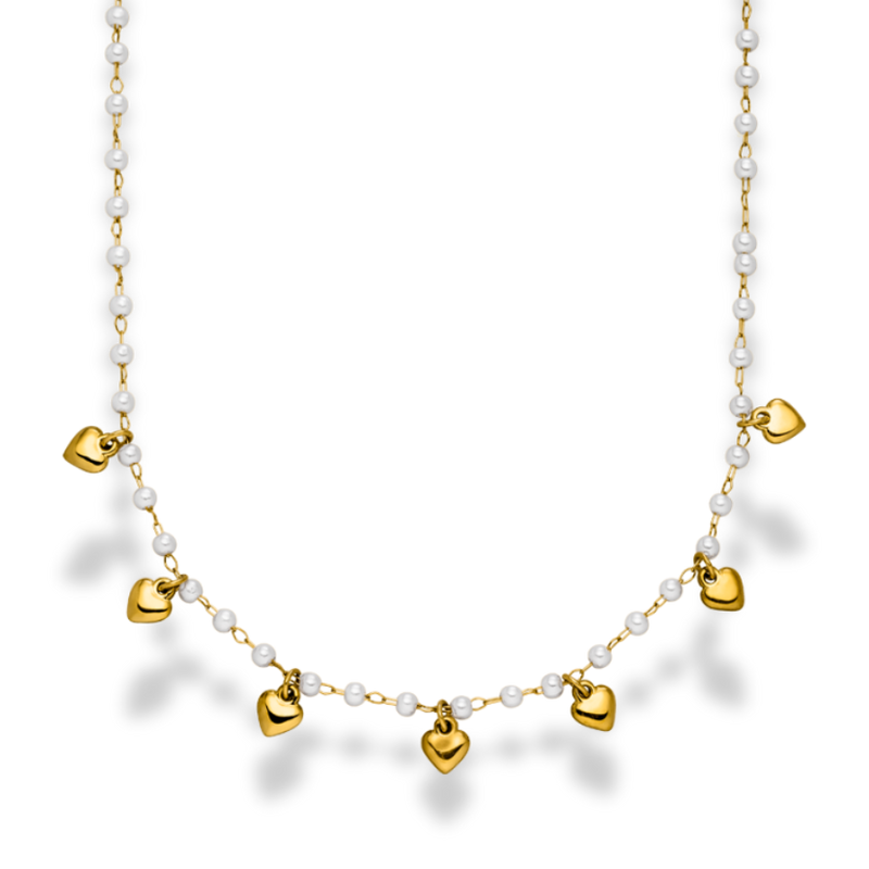 Sweet Hearts &amp; Pearl Necklace 14K Gold Plated