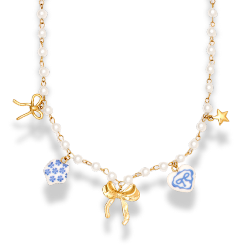 Sweet Paradise Ribbon Charm Necklace 14K Gold Plated