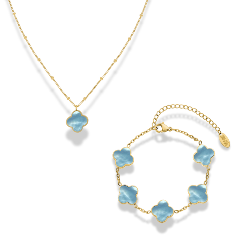 Vintage Blue Lucky Leaf Set 14K Vergoldet