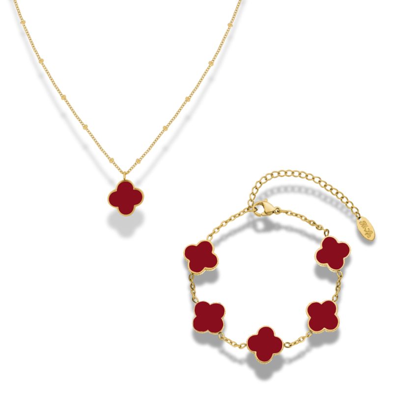 Vintage Red Lucky Leaf Set 14K Vergoldet